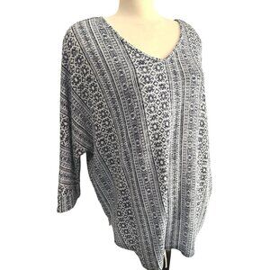 New Directions Light Knit Tribal Blouse Sz 1XL Womens Plus Blue 3/4 Sleeve Navy